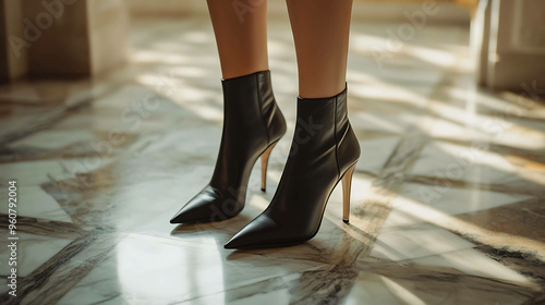 A pair of black stiletto ankle boots with a pointed toe. photo