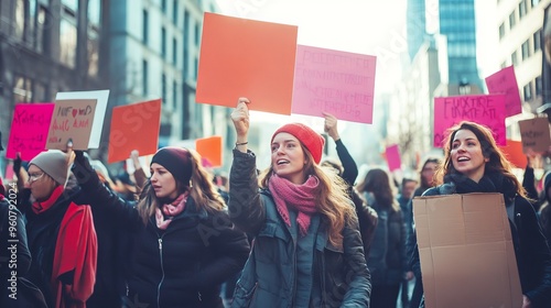 Wallpaper Mural Women march for equality in the city center during a peaceful protest on a sunny winter day Torontodigital.ca