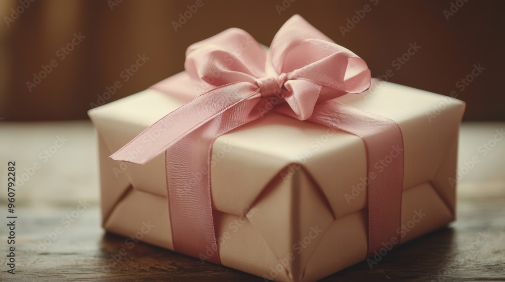 Obraz premium A neatly wrapped gift with a pink ribbon sits on a wooden table, creating an inviting and festive atmosphere