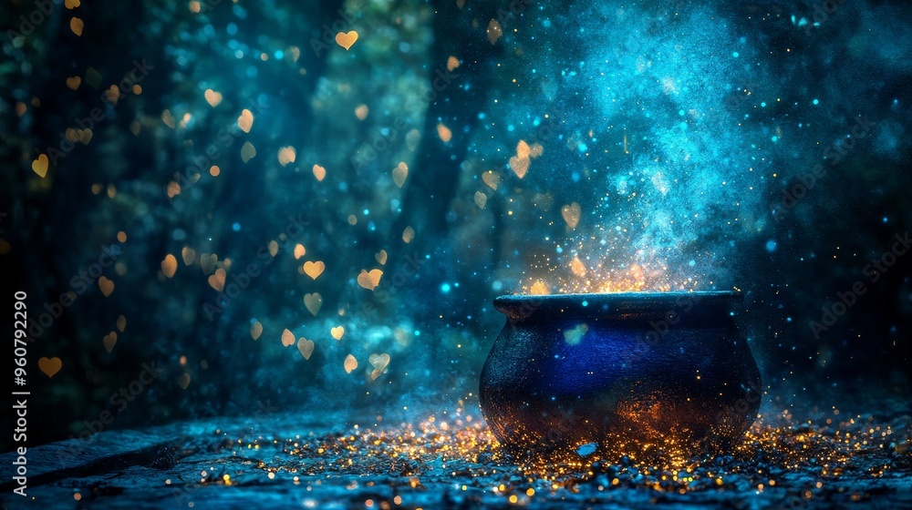 A mystical blue pot surrounded by glowing particles in an enchanted forest at night A mystical blue pot surrounded by glowing particles in an enchanted forest at night