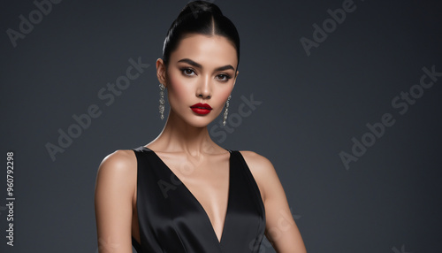 Elegant Woman in Black Sleeveless Dress with Plunging Neckline and Earring in Indoor Photoshoot on Grey Background