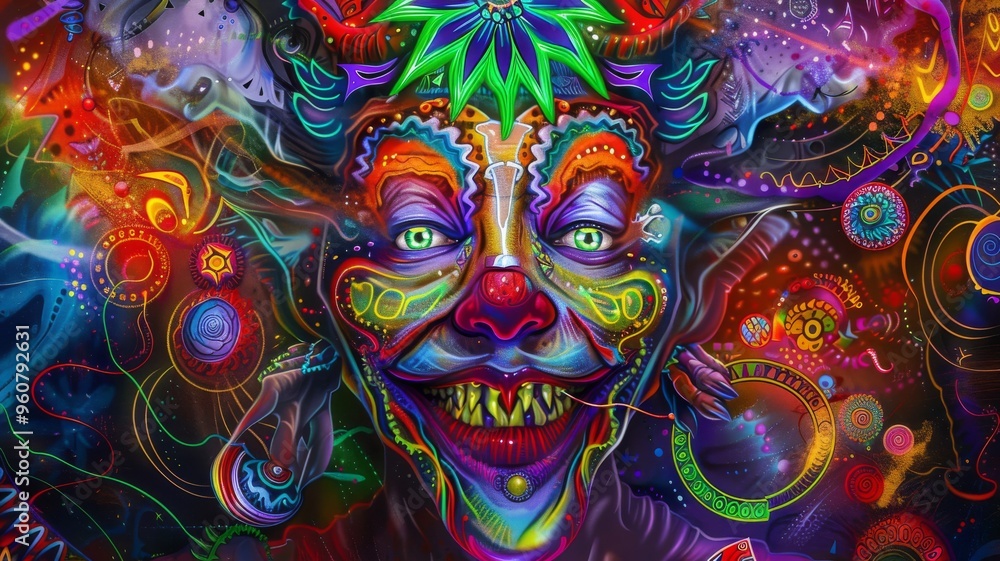 Fototapeta DMT Jester, Mama Ayahuasca, psychedelic divine cosmic trippy godly spiritual psionic entity. Expanded Consciousness. Abstract Psychedelic drug induced art.