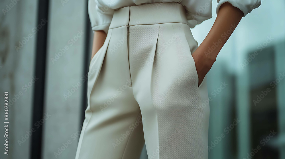 Naklejka premium Close-up of a woman wearing high-waisted, cream-colored pants.