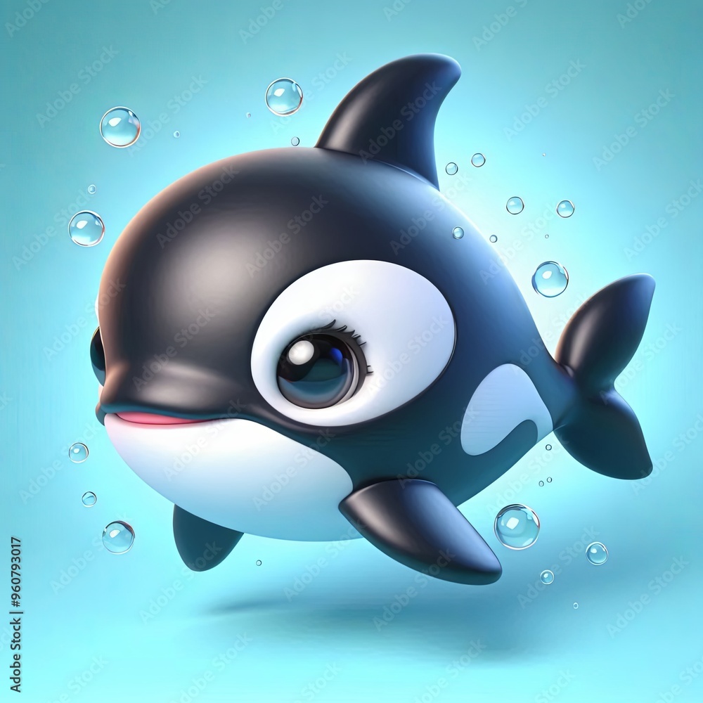 Obraz premium Cute Orca Fish Swimming Cartoon ,3d Generative AI