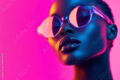 Lifestyle Portrait Woman Wearing Holographic Sunglasses with Neon Pink Background