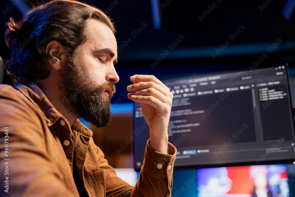 Not Stressed Programmer Stressed programmer shutting eyes to relax while fixing vulnerabilities ...