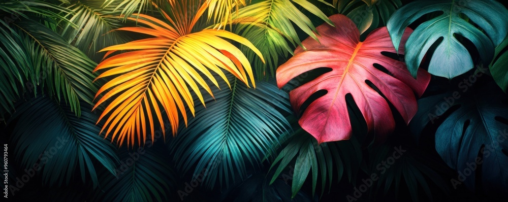 Vibrant tropical leaves with red, yellow and green colors against a dark background. Vibrant tropical leaves with red, yellow and green colors against a dark background.