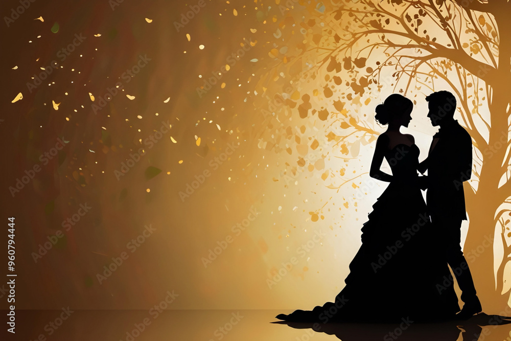 silhouette of a married couple in a gold color empty background, copy space for wedding anniversary celebration and wedding cards silhouette of a married couple in a gold color empty background, copy space for wedding anniversary celebration and wedding cards