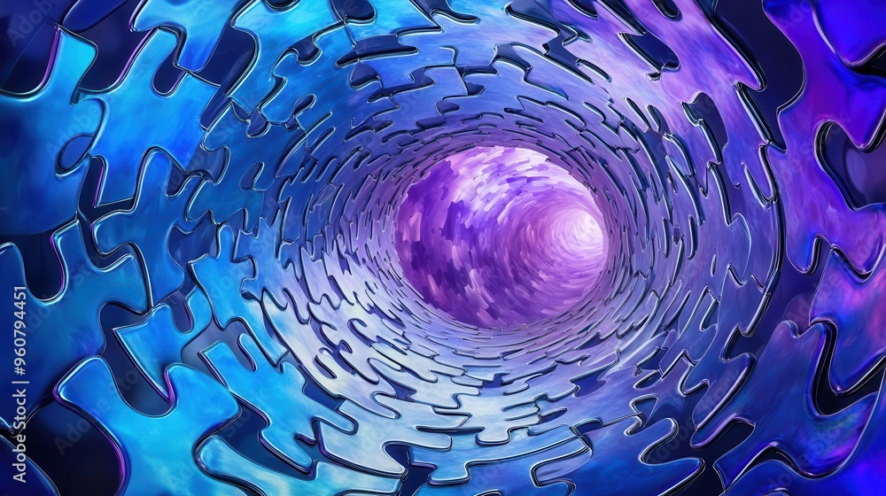 Abstract puzzle pieces in the form of crystalline shards, suspended in a vortex, 3D rendering, deep blues and purples, sharp focus Abstract puzzle pieces in the form of crystalline shards, suspended in a vortex, 3D rendering, deep blues and purples, sharp focus