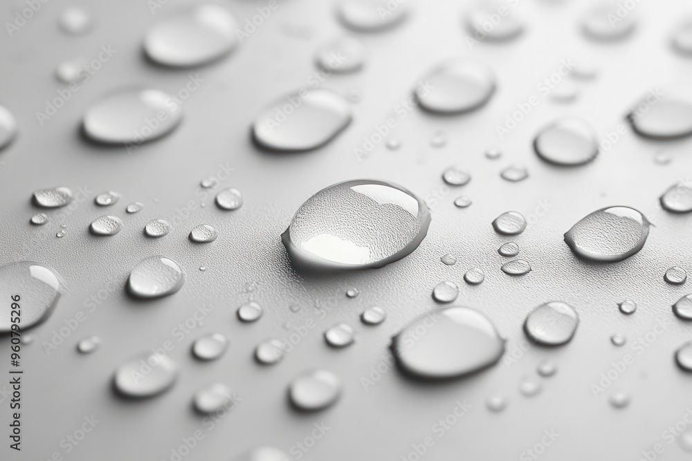 Close-up shot of water droplets scattered on a white surface. Close-up shot of water droplets scattered on a white surface.