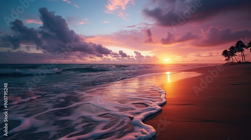 A gloomy sunrise at the beach with clouds in a distance