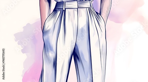 Close-up of a woman's white high-waisted pants with pleats. photo