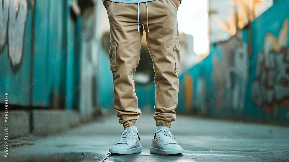 Man in khaki cargo pants and white sneakers stands in front of a graffiti wall. Man in khaki cargo pants and white sneakers stands in front of a graffiti wall.