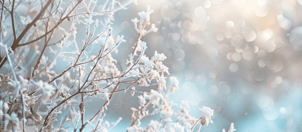 Plants covered with snow in winter forest during snowfall. Winter nature background Plants covered with snow in winter forest during snowfall. Winter nature background