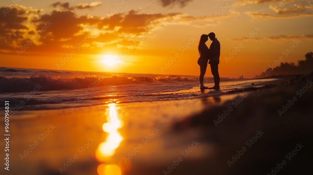 A silhouetted couple shares a romantic kiss at sunset on a beach, with the sun setting over the ocean, capturing a moment of love, connection, and tranquility. A silhouetted couple shares a romantic kiss at sunset on a beach, with the sun setting over the ocean, capturing a moment of love, connection, and tranquility.