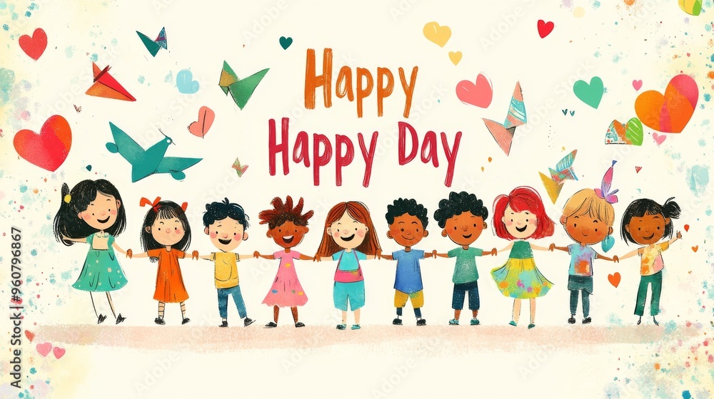 A colorful and cheerful 'Happy Happy Day' illustration featuring joyful children holding hands, surrounded by hearts and paper airplanes, celebrating friendship and happiness. A colorful and cheerful 'Happy Happy Day' illustration featuring joyful children holding hands, surrounded by hearts and paper airplanes, celebrating friendship and happiness.