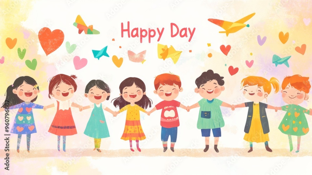 A group of cheerful children holding hands while standing in a line, under a 'Happy Day' banner with colorful hearts and paper planes in the background. A group of cheerful children holding hands while standing in a line, under a 'Happy Day' banner with colorful hearts and paper planes in the background.