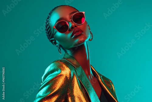 Woman in Metallic Suit with Solid Neon Teal Background Fashion Lifestyle Portrait, Modern and Bold