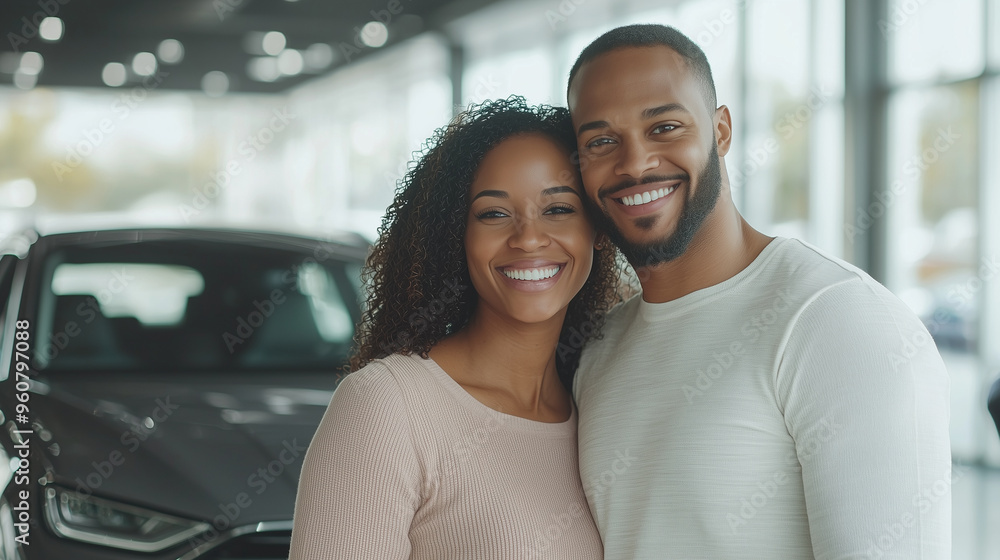 smiling couple beside their new car in a showroom, highlighting their happiness and pride after the purchase. Suitable for visuals focusing on the excitement of buying a new car, c smiling couple beside their new car in a showroom, highlighting their happiness and pride after the purchase. Suitable for visuals focusing on the excitement of buying a new car, c