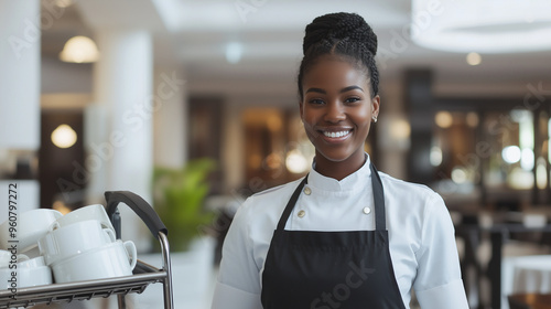 smiling black chambermaid restocking her trolley while working in a hotel, capturing the essence of a positive and diligent work environment. Suitable for highlighting hotel housek