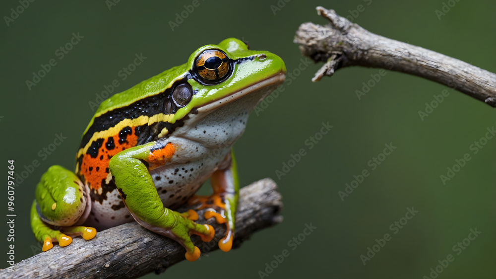 Green and Orange Frog on a Branch