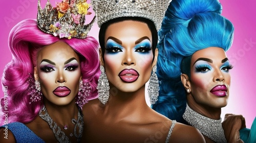 Three glamorous drag queens showcase their bold makeup and vibrant attire, each with a unique hairstyle and accessories, and strike confident poses against a pink background.