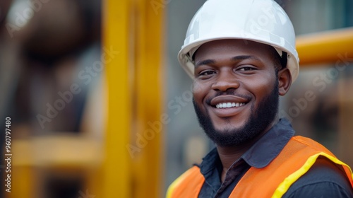 A construction worker with a friendly smile, wearing a white hard hat and an orange safety vest, stands confidently, representing diligence and safety in construction work.