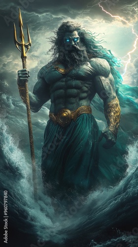 A powerful and mythical god of the sea holding a trident, surrounded by roaring ocean waves and stormy skies, symbolizing strength, power, and control over the sea. photo