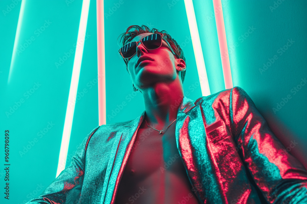 Fototapeta premium Men in Metallic Suit with Solid Neon Teal Background Fashion Lifestyle Portrait, Stylish and Modern