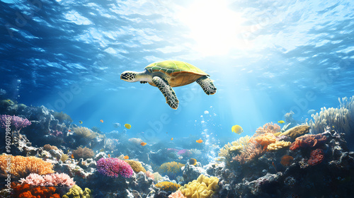 Beautiful sea with colorful coral reefs and green turtle swimming in the water, sun rays shining on clear blue sky, fantasy underwater world concept. Underwater World. Illustration photo