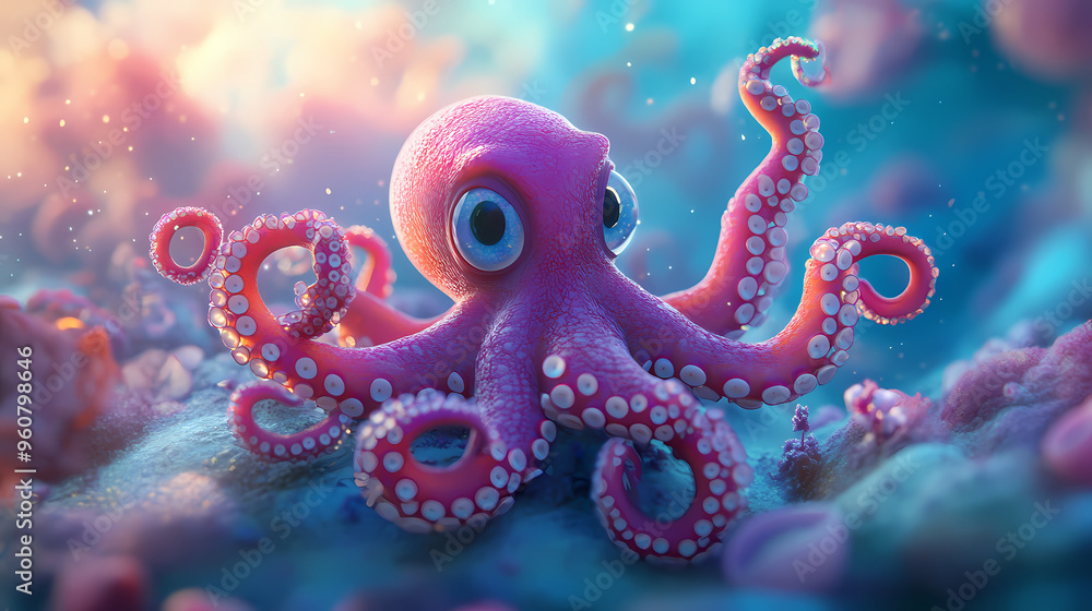 Cute 3d render of a baby octopus in a vivid underwater world filled with color and imagination. Underwater World. Illustration