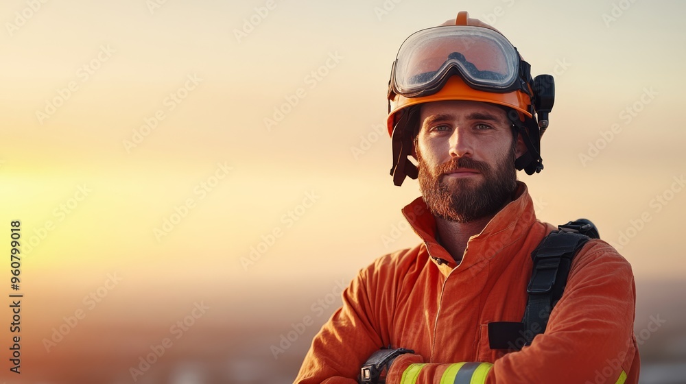 Minimalist depiction of a firefighter in emergency services with a serene expression professional portrait against a softly faded background in a rescue environment with ample copy space for text safe Minimalist depiction of a firefighter in emergency services with a serene expression professional portrait against a softly faded background in a rescue environment with ample copy space for text safe