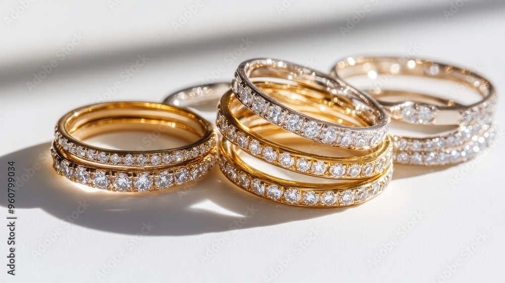 Gold rings set with diamonds set against a white background. Pictures of still life and creative shadows. simplest idea for a collection of stacked diamond rings Gold rings set with diamonds set against a white background. Pictures of still life and creative shadows. simplest idea for a collection of stacked diamond rings