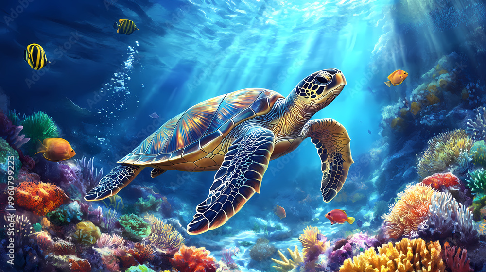 Sea turtle underwater surroundings by yellow coral fish. sea turtle in underwater world. Underwater World. Illustration Sea turtle underwater surroundings by yellow coral fish. sea turtle in underwater world. Underwater World. Illustration