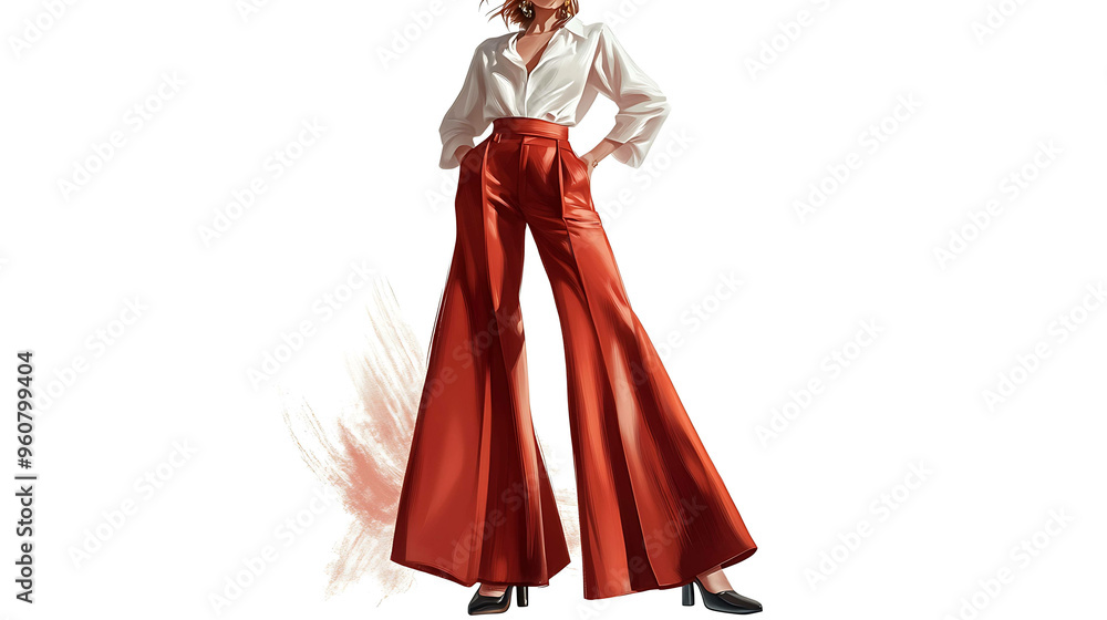 Fashion model wearing wide-legged pants and a white button-down shirt. Fashion model wearing wide-legged pants and a white button-down shirt.