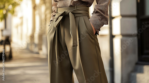 Closeup of a woman wearing stylish khaki pants with a wide, knotted belt.