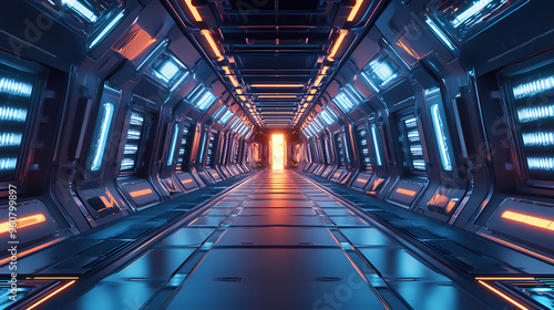 Fototapeta Naklejka Na Ścianę i Meble -  A futuristic space station with a long hallway and many windows. Space Station. Illustration