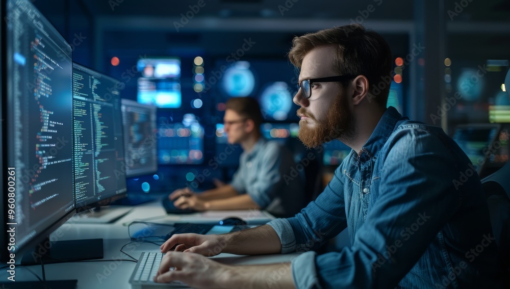 Software developer is sitting at his desk, coding on multiple monitors with code lines in the background of an office environment technology showcasing software development Software developer is sitting at his desk, coding on multiple monitors with code lines in the background of an office environment technology showcasing software development