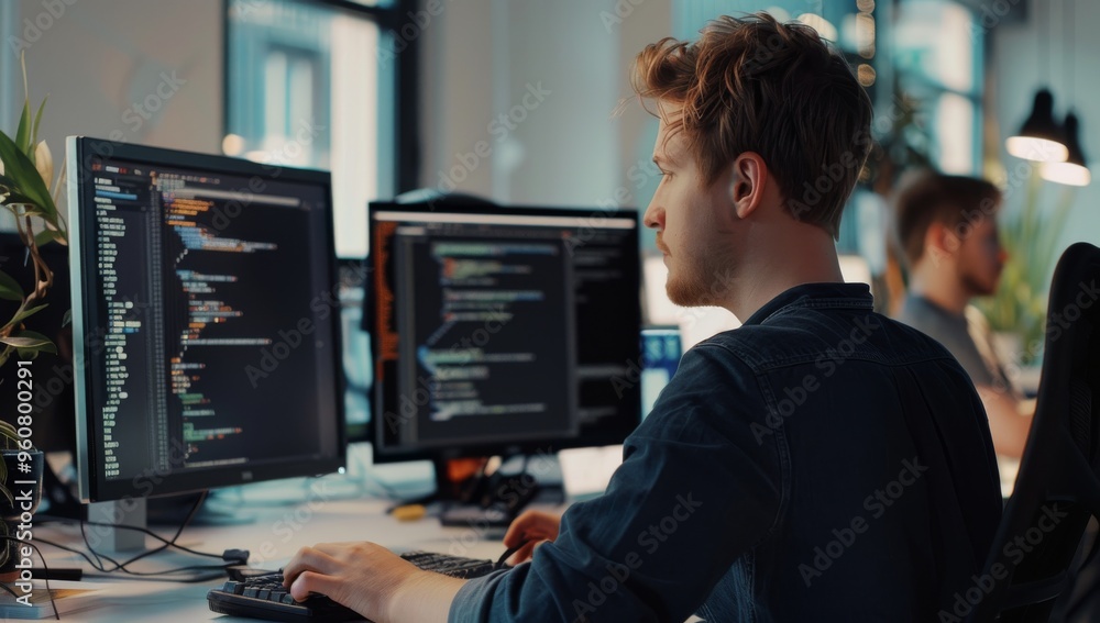 Software developer is sitting at his desk, coding on multiple monitors with code lines in the background of an office environment technology showcasing software development Software developer is sitting at his desk, coding on multiple monitors with code lines in the background of an office environment technology showcasing software development