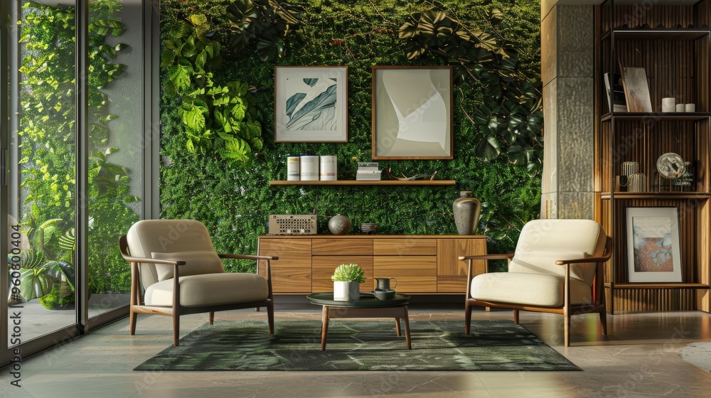 Fototapeta premium Natural Sophistication: Modern Living Room with Green Eucalyptus Wall, Stylish Armchairs, and Elegant Decor