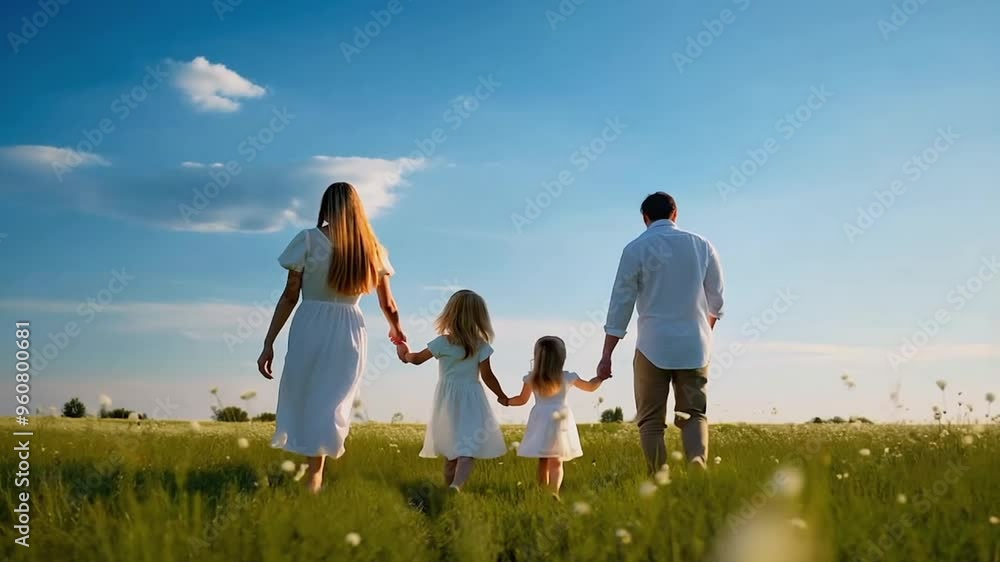 Happy family parents and children walking on a green field Happy family parents and children walking on a green field