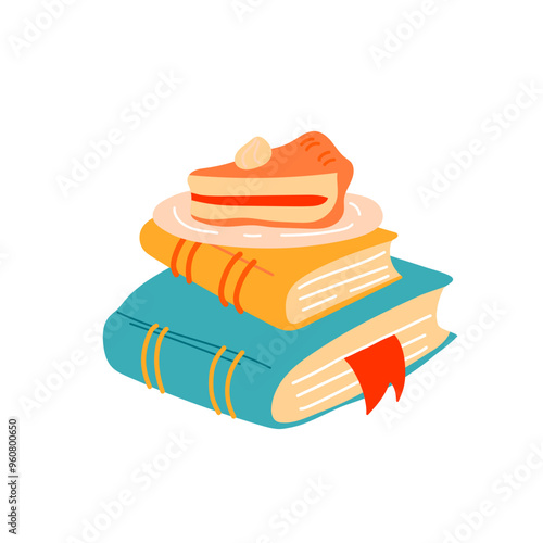 Pile books with pumpkin pie. Home library. Cozy autumn illustration. Concept for card, festival, stickers, poster and banner, vector illustration