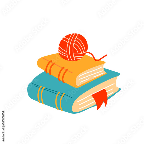 Pile books with with a ball of wool. Home library. Cozy autumn illustration. Concept for card, festival, stickers, poster and banner, vector illustration