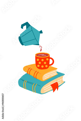 Pile books with a mug and a coffee pot from which coffee is poured on the top. Home library. Cozy autumn illustration. Concept for card, festival, stickers, poster and banner, vector illustration