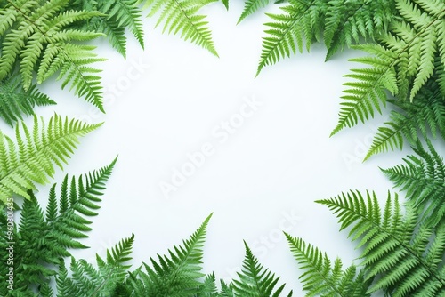 Minimalist arrangement of fern leaves in various shades of green, framing a clean white background with copy space