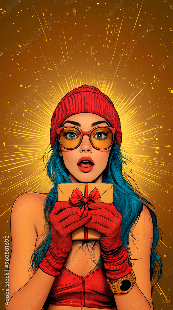 pop art comic style illustration of a woman with a gift and a red hat for christmas