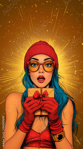 pop art comic style illustration of a woman with a gift and a red hat for christmas
