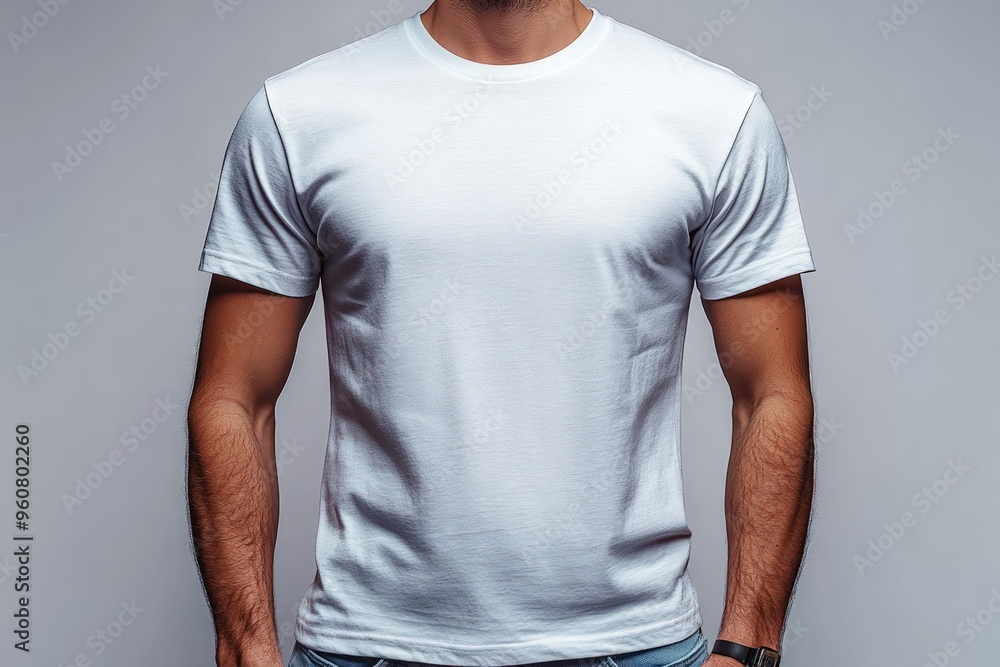 A man wearing a plain white t-shirt standing against a grey background. A man wearing a plain white t-shirt standing against a grey background.