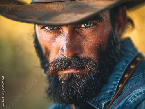 Close-Up Portrait of a Bearded Cowboy with Intense Eyes and a Weathered Face in Rustic Setting photo