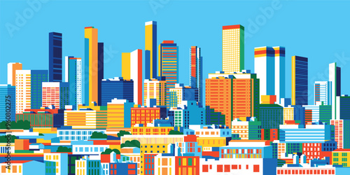 Cityscape overlooking high-rise corporate buildings in the commercial and financial center and luxury condominiums in the city center. Handmade drawing vector illustration. Pop art style poster.